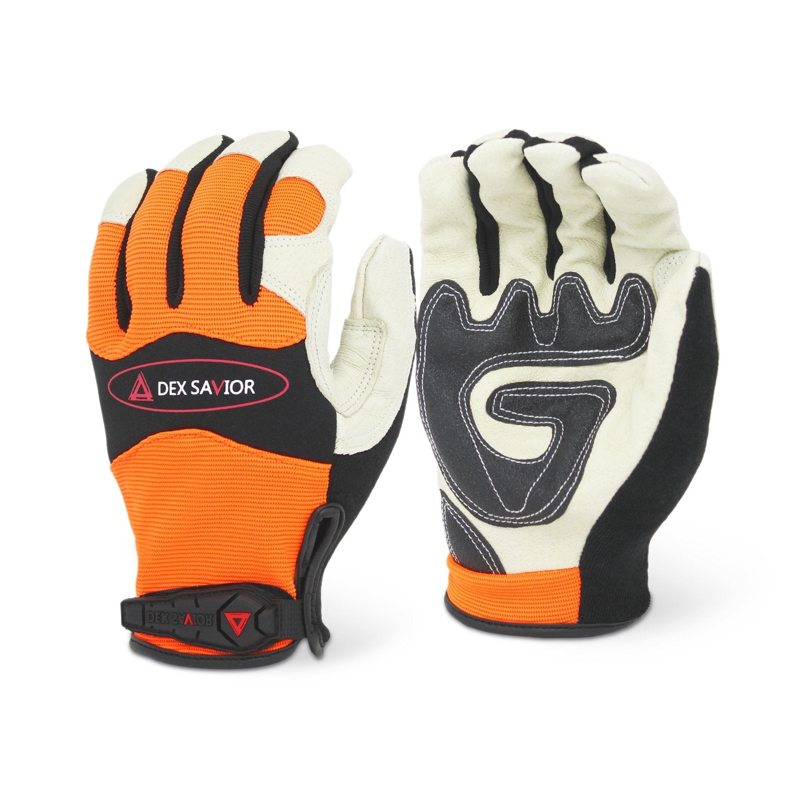 Single Pair - Dex Savior Leather Hi Vis Orange Mechanic Glove