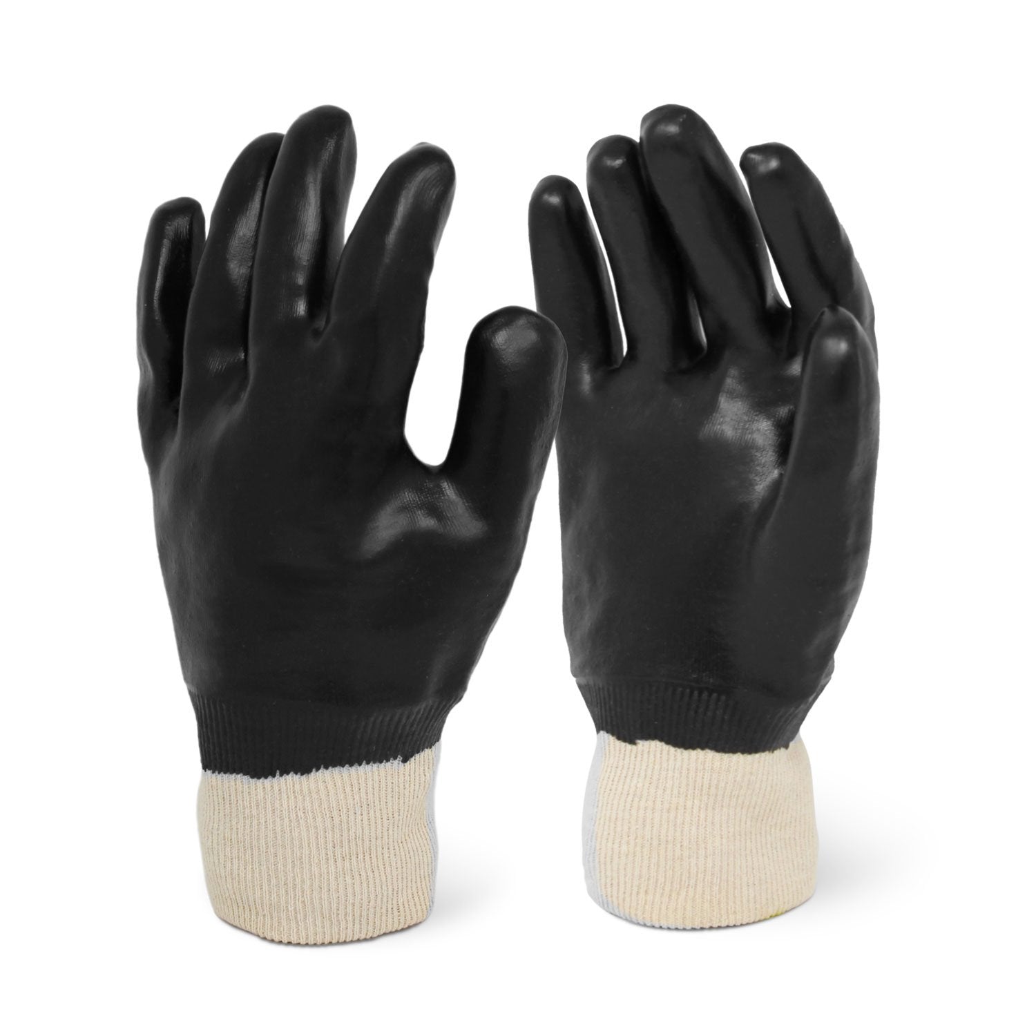 Single Pair - Knit Wrist Smooth Finish Black PVC Chemical Resistant Gloves