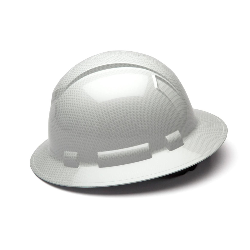 Shiny White Graphite Pyramex Ridgeline Full Brim Hard Hat 4-Point Ratchet Suspension